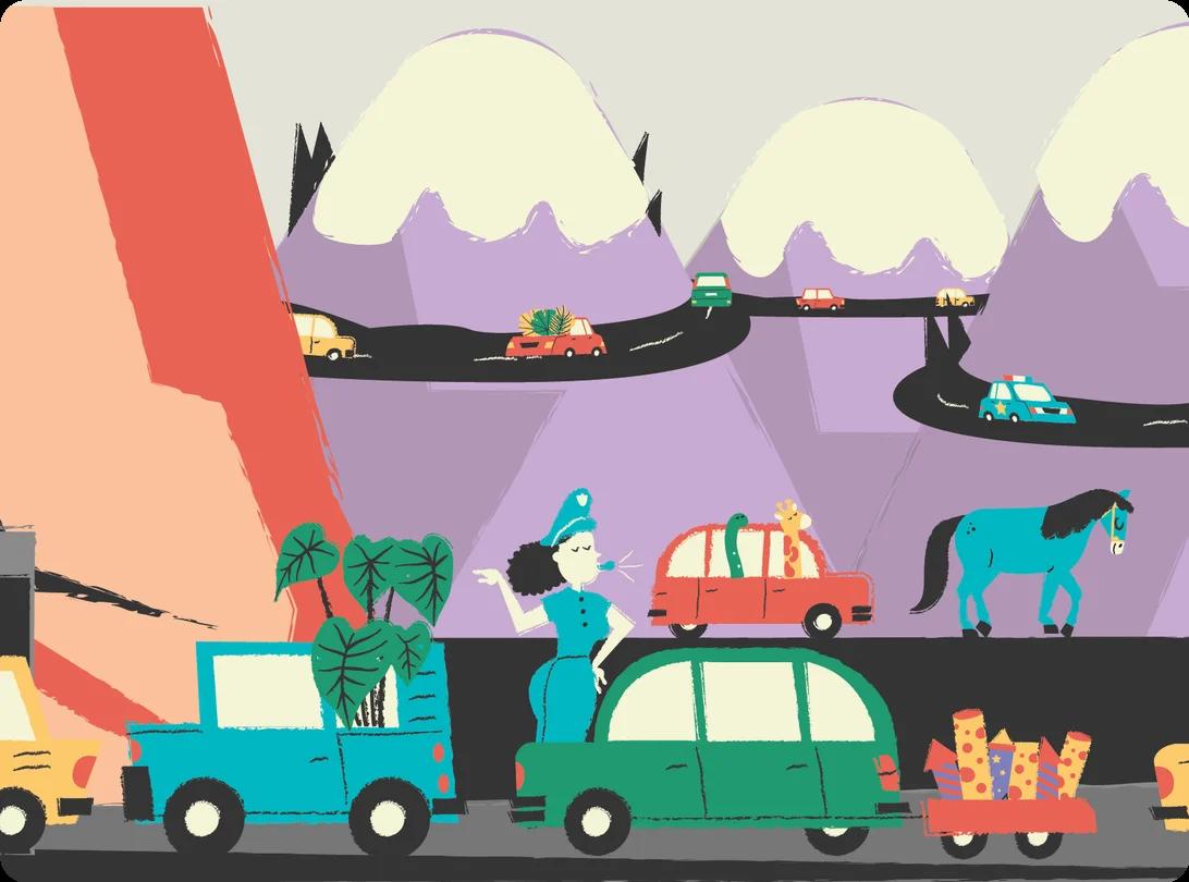 an illustration depicting a line of cars driving through a winding mountain road. The front of the line is stopped at a scanner while a policewoman directs traffic through.