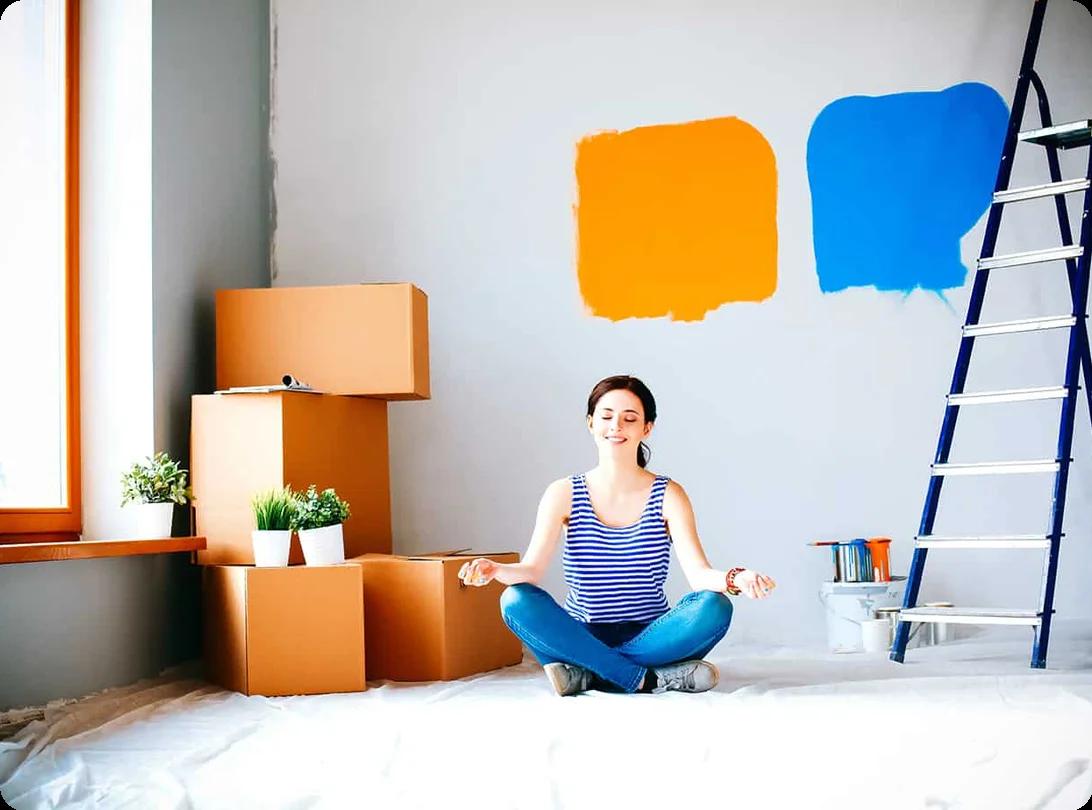 A homeowner unpacking moving boxes in a new living room with furniture being arranged on moving-in day