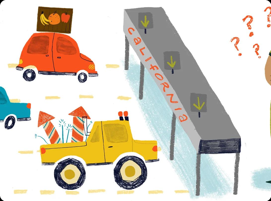 A moving truck approaches a California border inspection checkpoint on a sunny highway