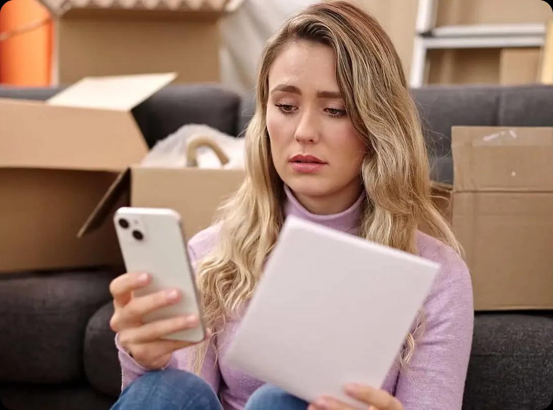 A woman sitting on a couch among cardboard moving boxes looks at her phone with a worried expression while holding a printed document.