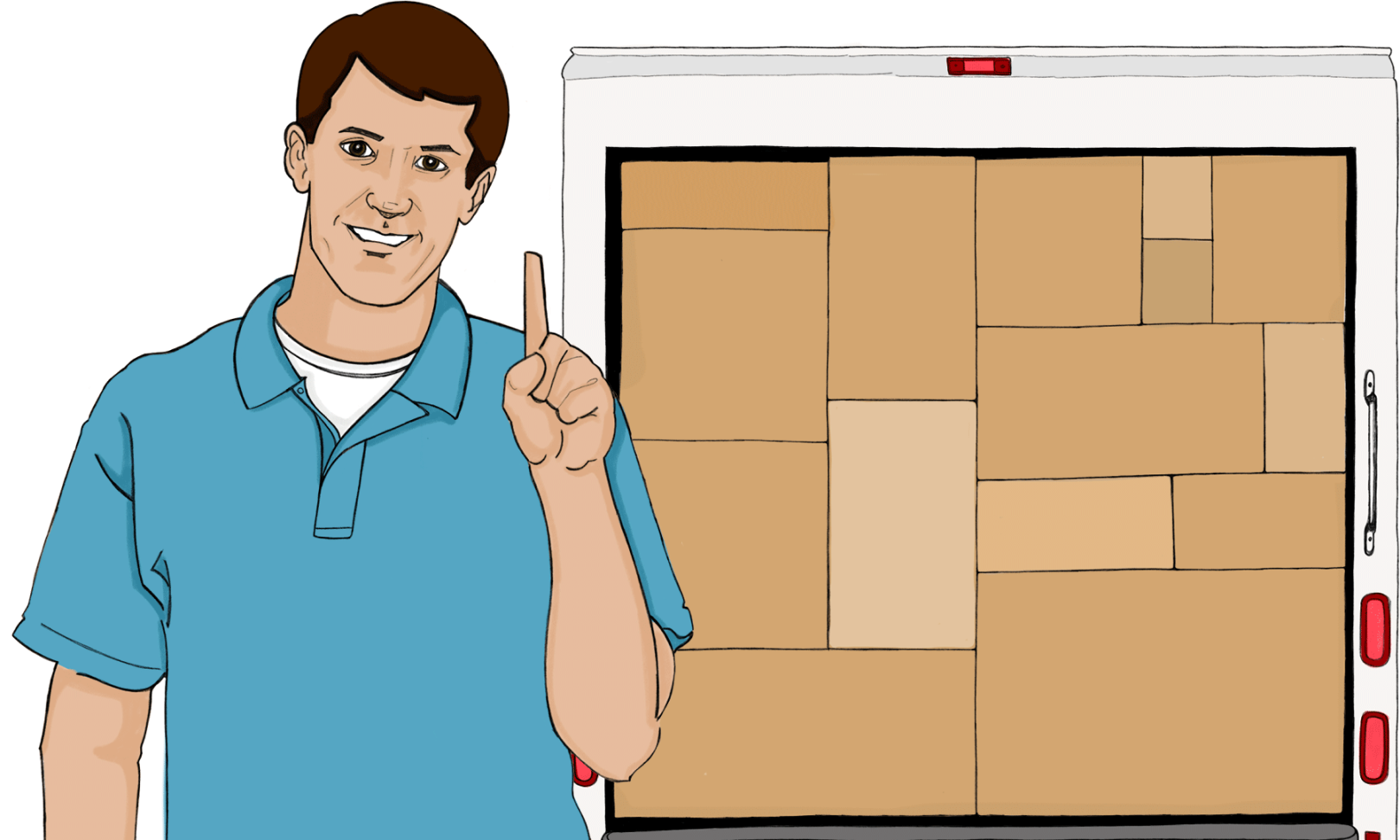 Man holding up finger standing in front of moving truc