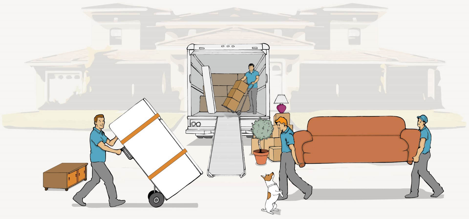 Movers performing various tasks such as carrying a sofa, using an appliance dolly, and unloading a moving truck