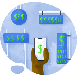 Hand holding a cell phone comparing prices to signs