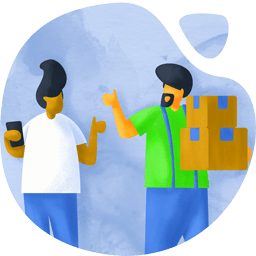 Mover holding boxes giving thumbs up to person holding cell phone