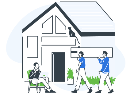 Two Movers Loading boxes into a house while the home owner sits on a chair