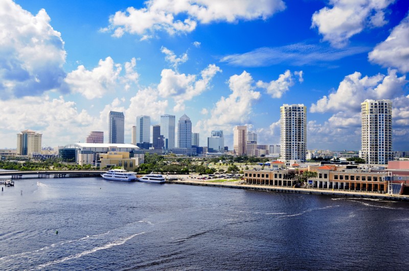 A view of the Tampa, FL, skyline from the Bay