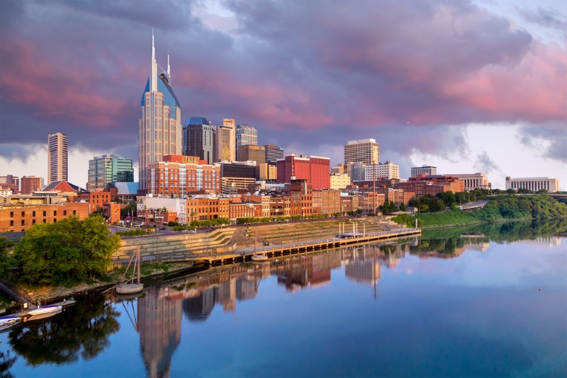 A cloudy but colorful sunset over downtown Nashville, TN