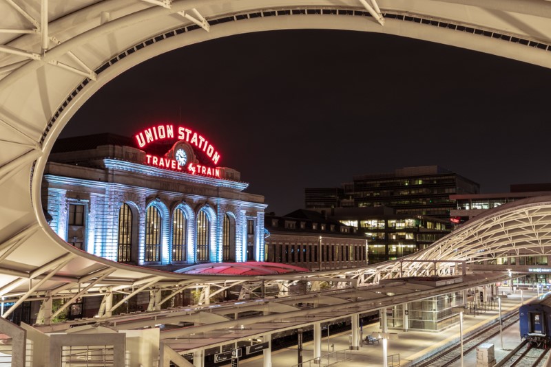 The Denver, Colorado, Union Station lit up at night