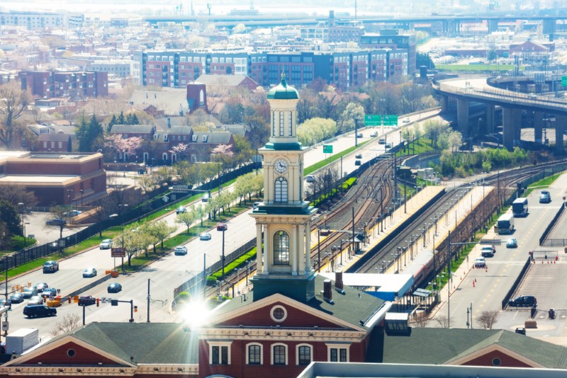 An urban view of the Baltimore, Maryland, train tracks at Camden Station