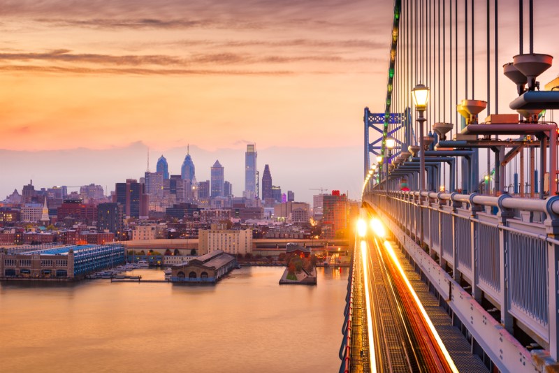 Philadelphia, Pennsylvania, downtown skyline at sunset from the Benjamin Franklin Bridge