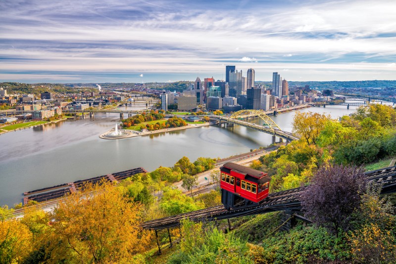 The Pittsburgh, Pennsylvania, skyline at sunset featuring the Duquesne Incline