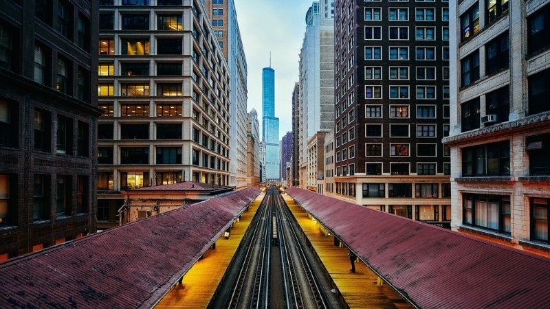 Following the Chicago train tracks to the Willis Tower in the distance