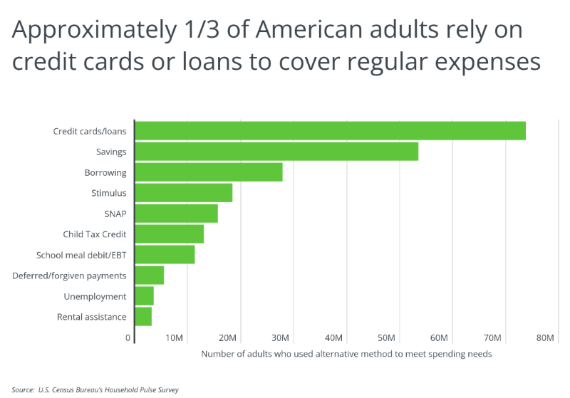 Chart showing 1 in 3 Americans rely on credit cards or loans for regular expenses