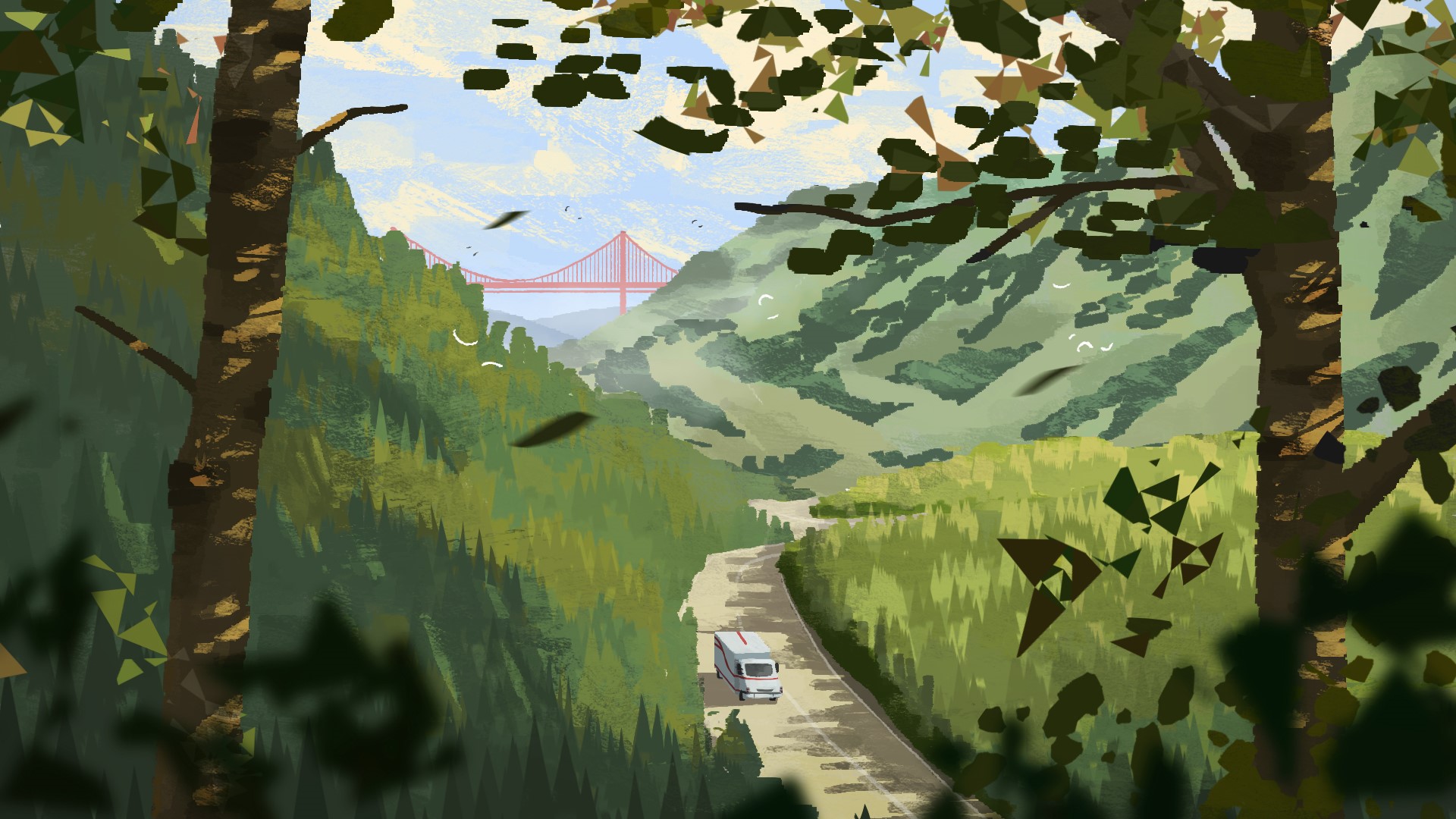 Moving truck driving through a wooded area with the golden gate bridge far in the background