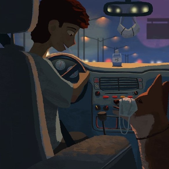 Person in a car driving looking at a dog sitting next to them with a mask on