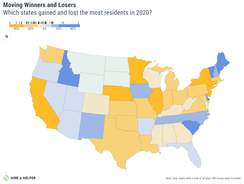 Map of US showing percentage of residents gained and lost in 2020