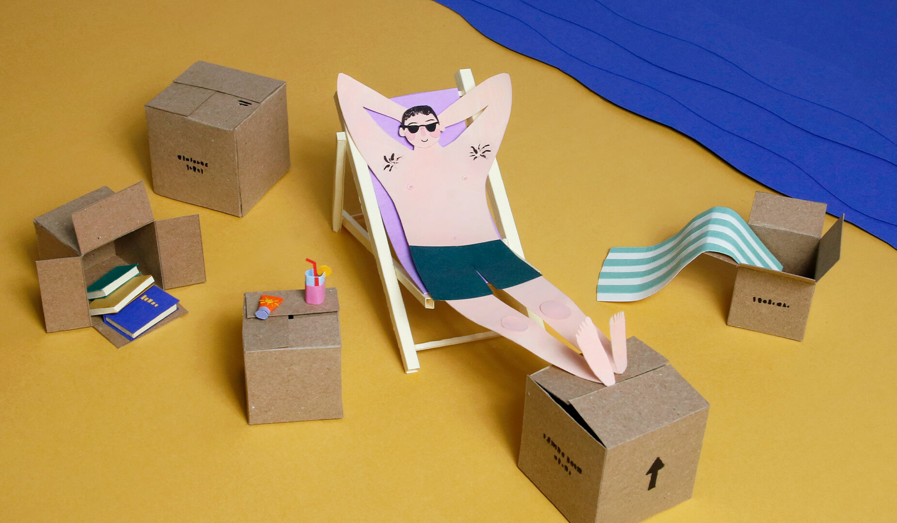 Paper cutout of man lying on beach char with feet on moving boxes