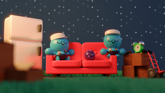 Toy characters sitting on a couch