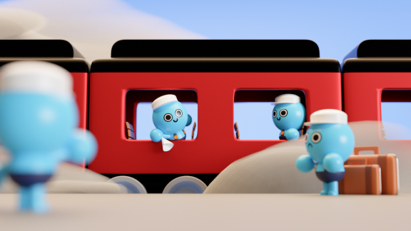 Toy characters riding on a train