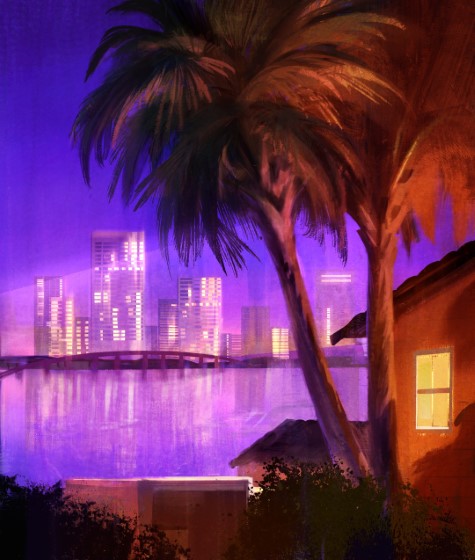 Illustration of florida city buildings at night with palm trees in the foreground