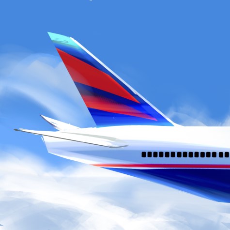 Illustration of the back of a plane in a cloudy sky