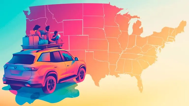 a colorful and stylized illustration of a family with their luggage on top of their car driving towards a map of the United States