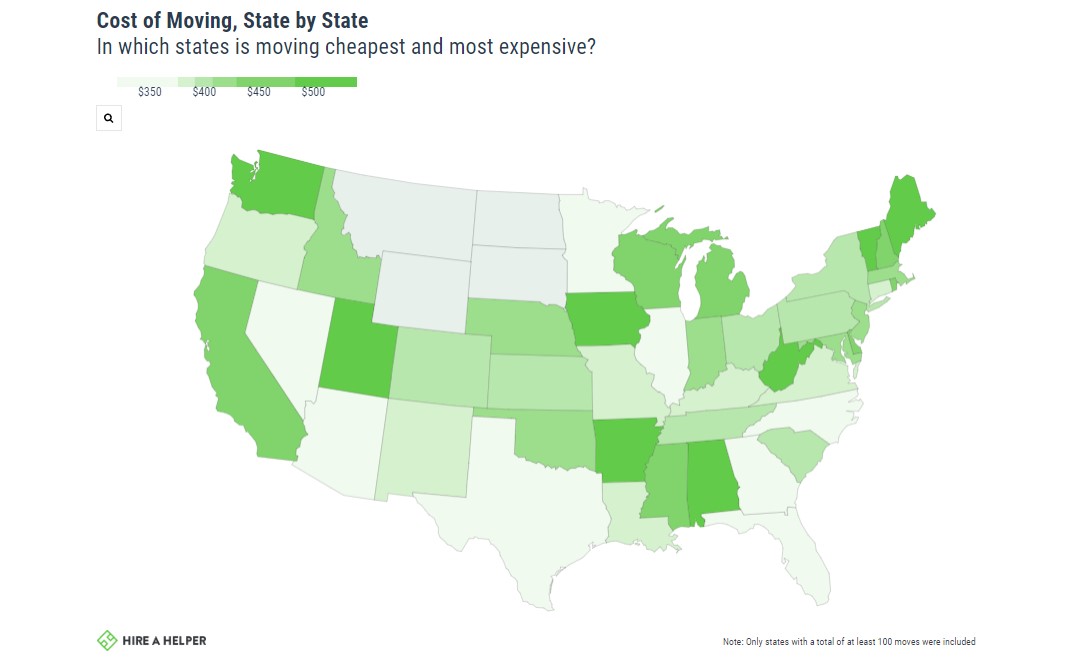 Graph showing the united states depicting cheaper states as a lighter color