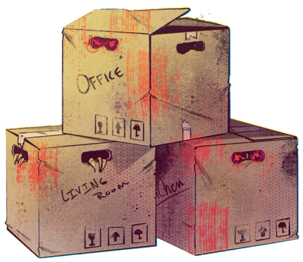 Illustration of moving boxes with monsters inside