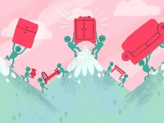 Illustration of cartoon characters moving furniture over mountains