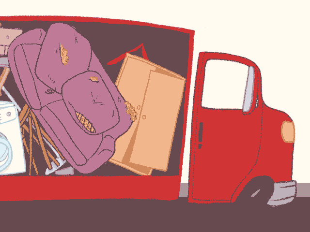 Illustration of a moving truck filled with household goods and furniture