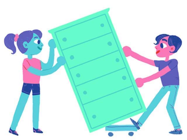 Illustration of two people moving a dresser on a furniture dolly