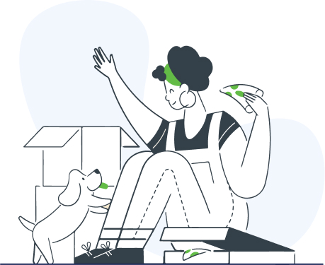 Illustration of a woman smiling eating pizza with her dog sitting next to moving boxes