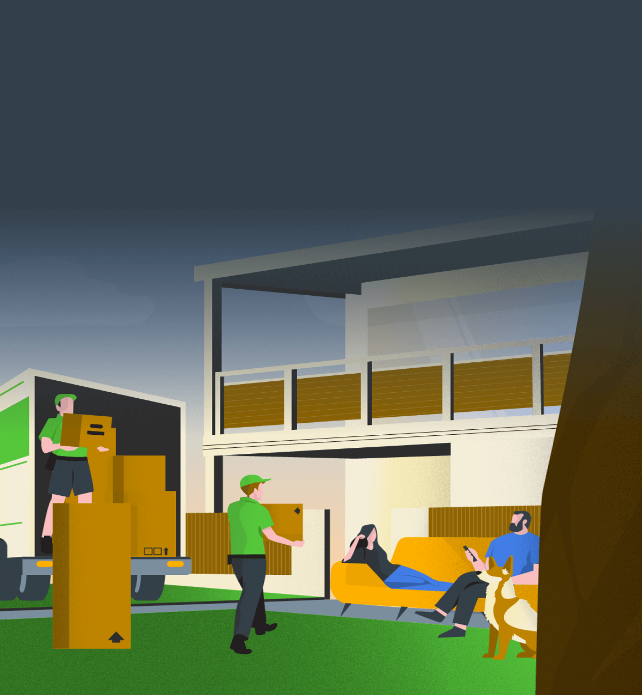 Illustration of movers unloading boxes into a home while homeowner lays on a couch.
